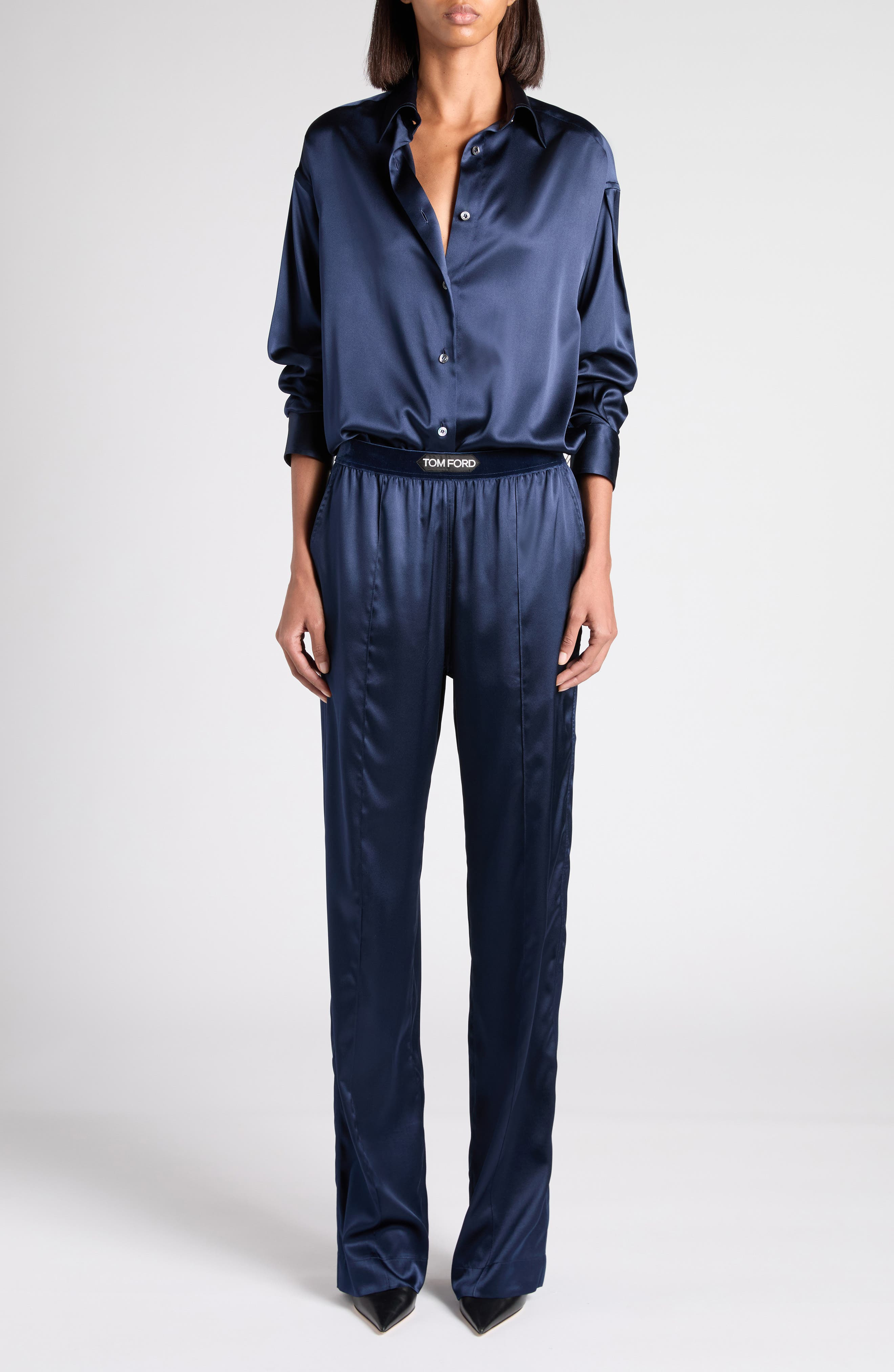 TOM FORD Relaxed Fit Stretch Silk Satin Blouse in Hb840 Dark Navy at Nordstrom - 2