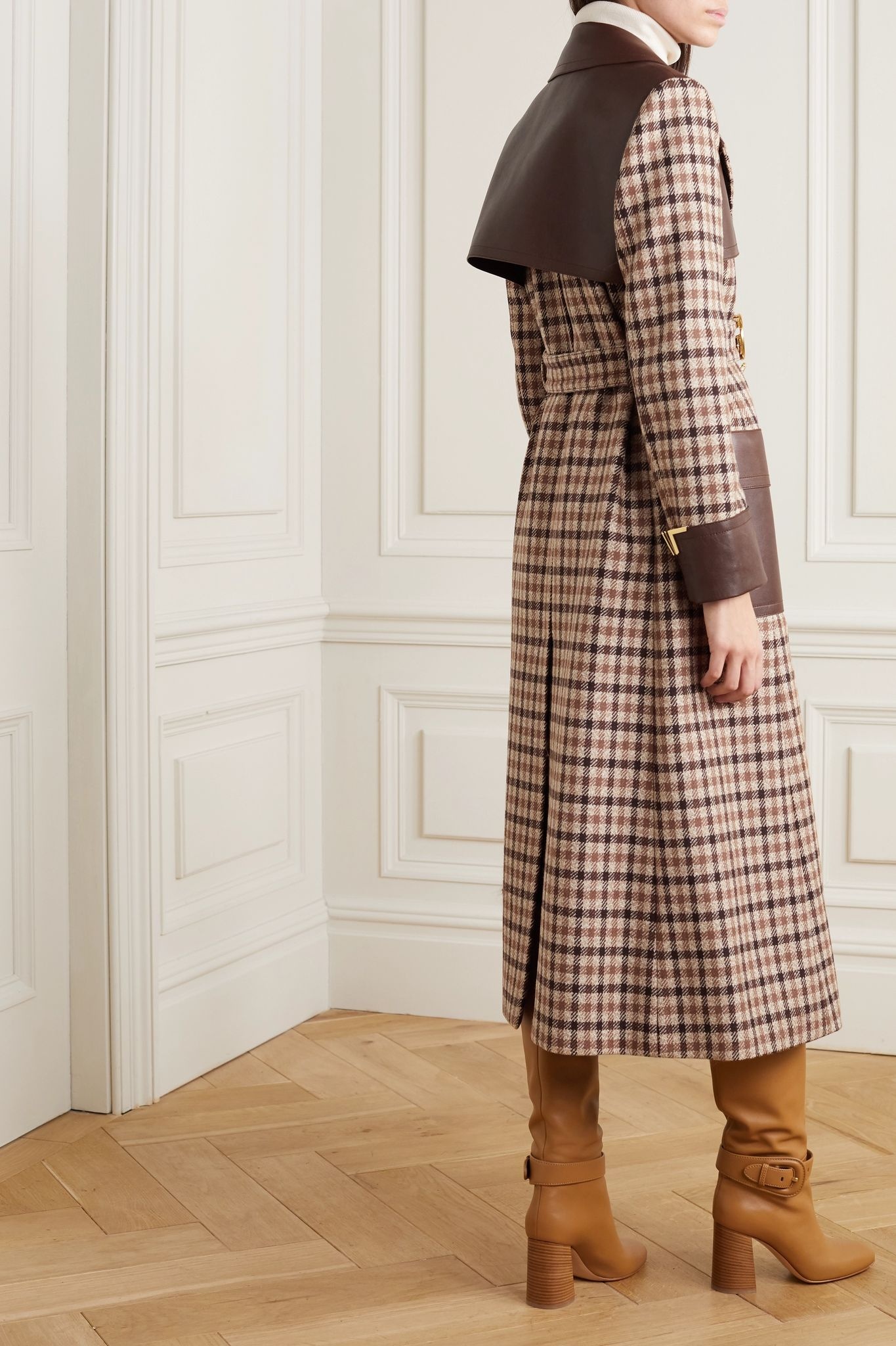 Belted leather-paneled checked wool-blend trench coat - 4