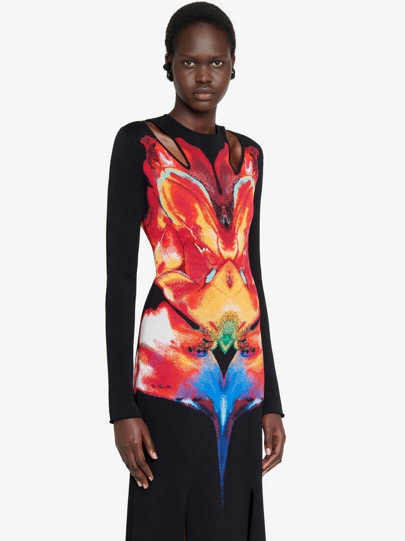 Women's Solarised Orchid Jacquard Slashed Dress in Black/red/yellow - 5