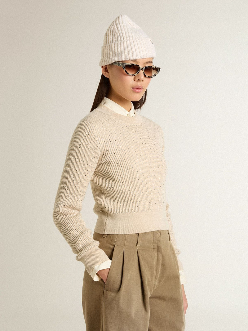Golden Goose Cropped round-neck sweater in beige wool with all-over crystals outlook