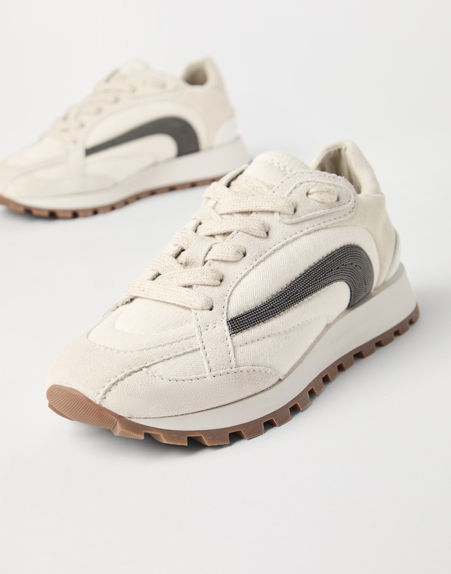 Suede and bonded cotton twill runners with precious stripe - 3