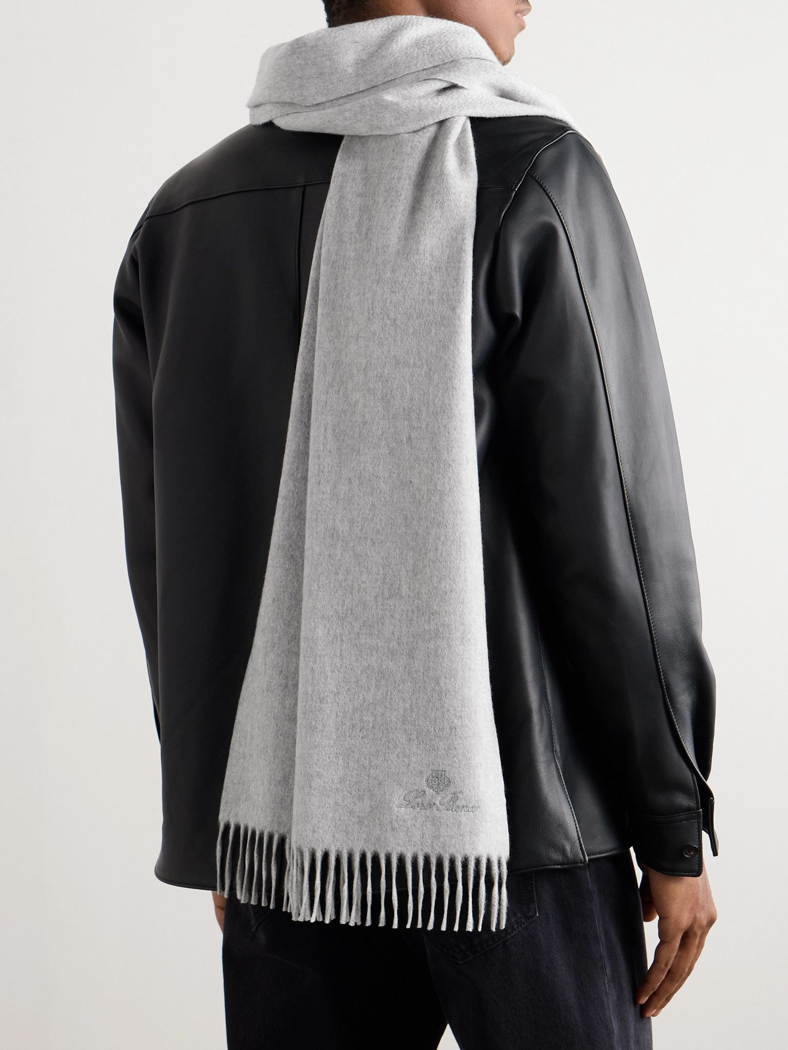 Logo-Embroidered Fringed Cashmere Scarf Gray - 2