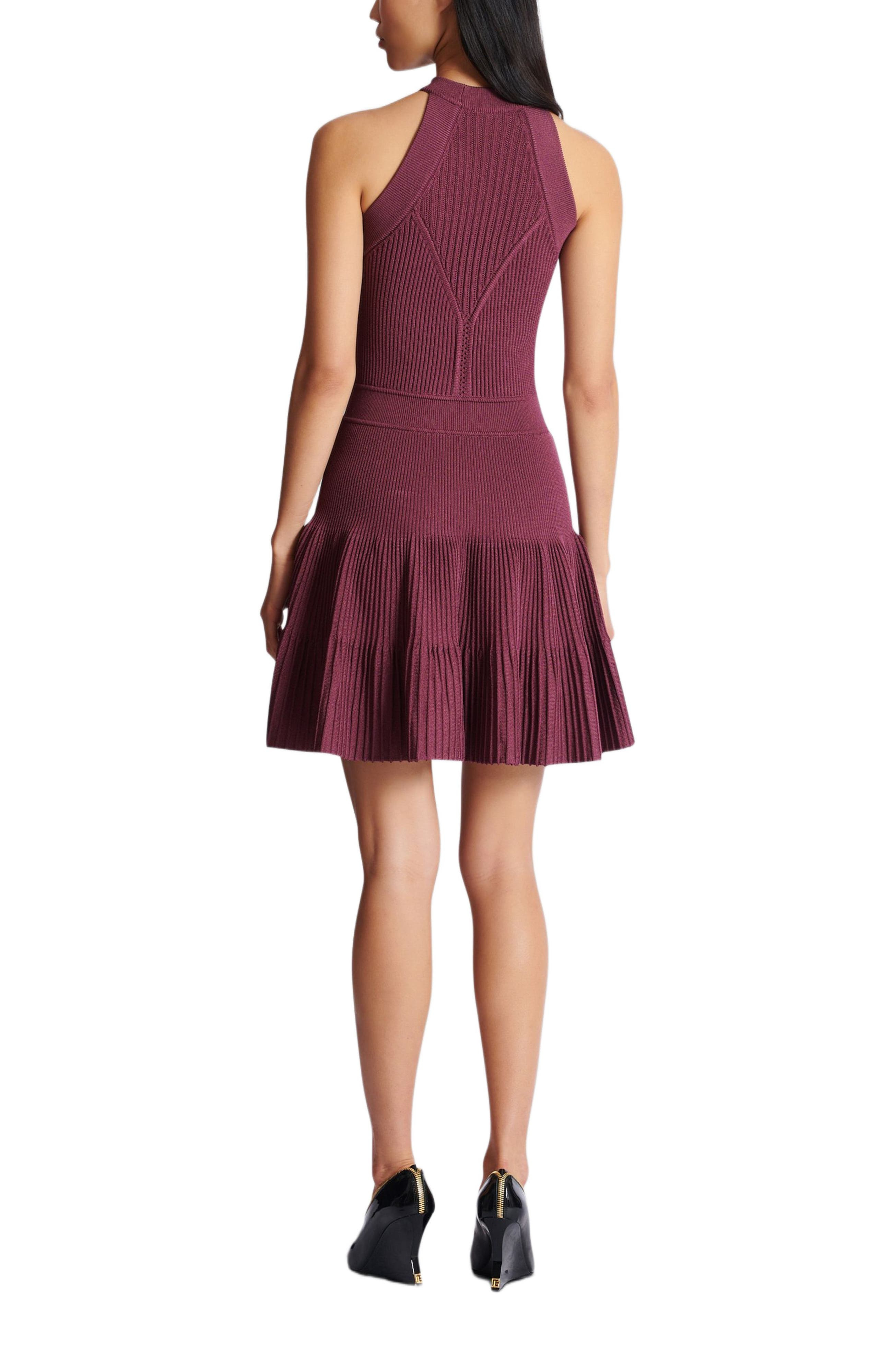 Balmain Sleeveless Flared Dress In Openwork Knit in Purple at Nordstrom - 3