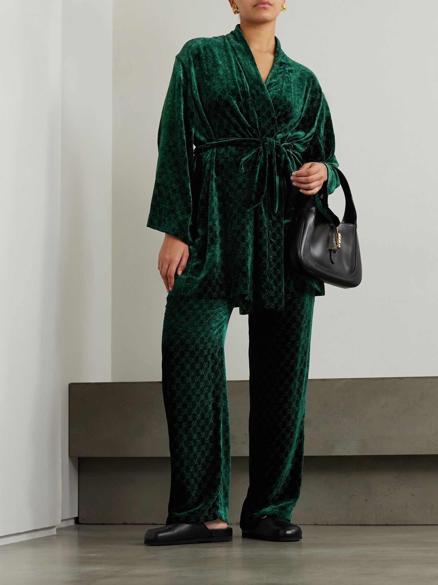 Belted devoré-velvet robe Dark green - 2