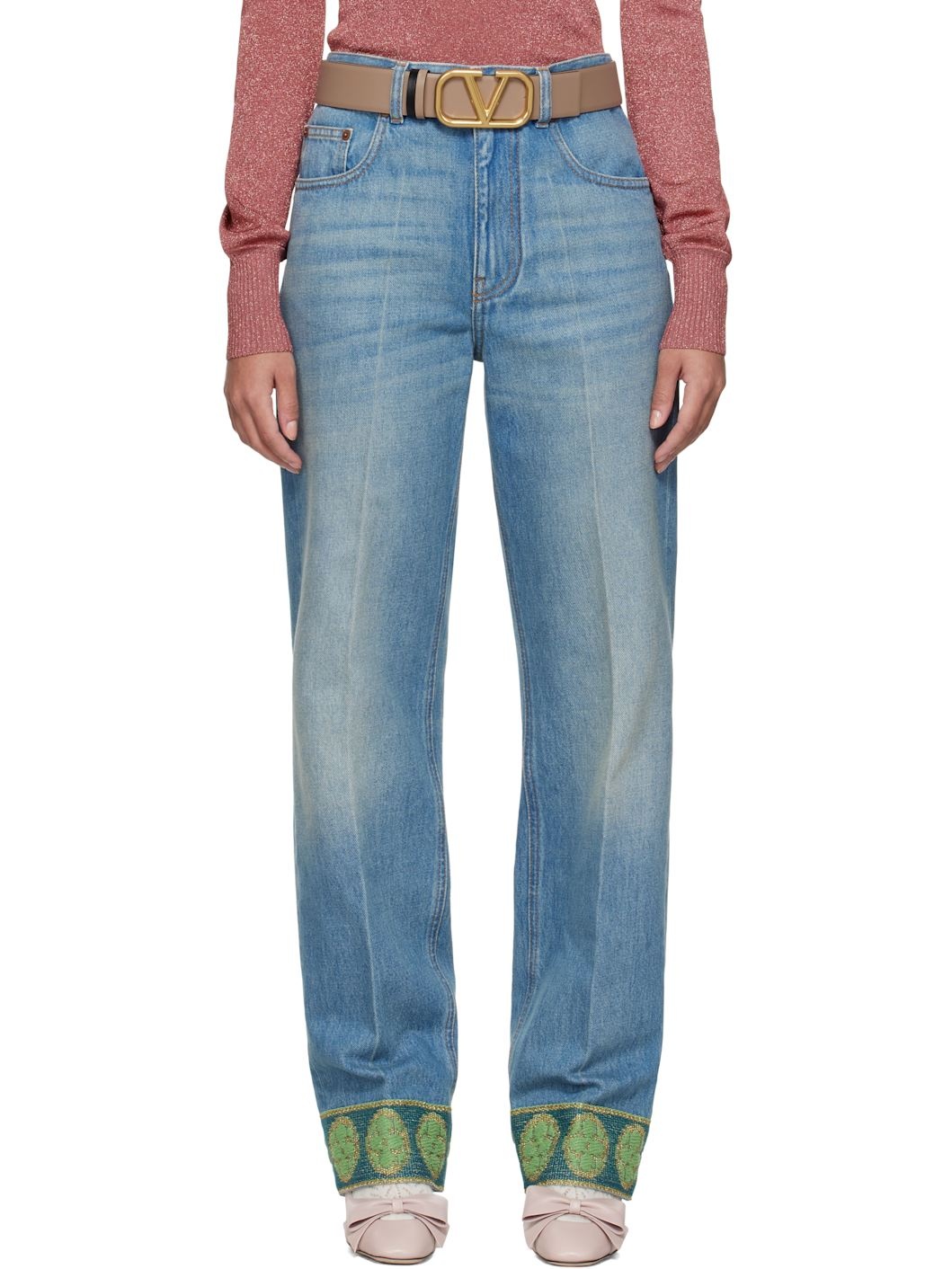 Blue Jacquard Trims Jeans - 1