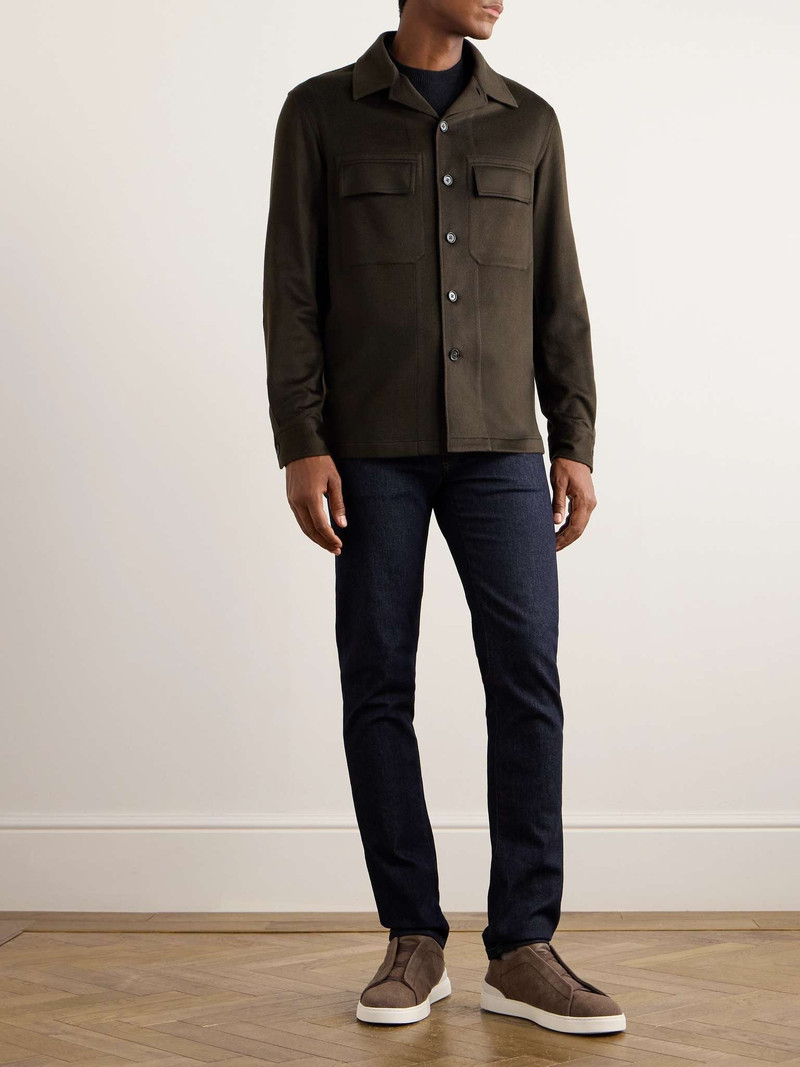 ZEGNA Camp-Collar Logo-Appliquéd Leather-Trimmed Oasi Cashmere Overshirt outlook