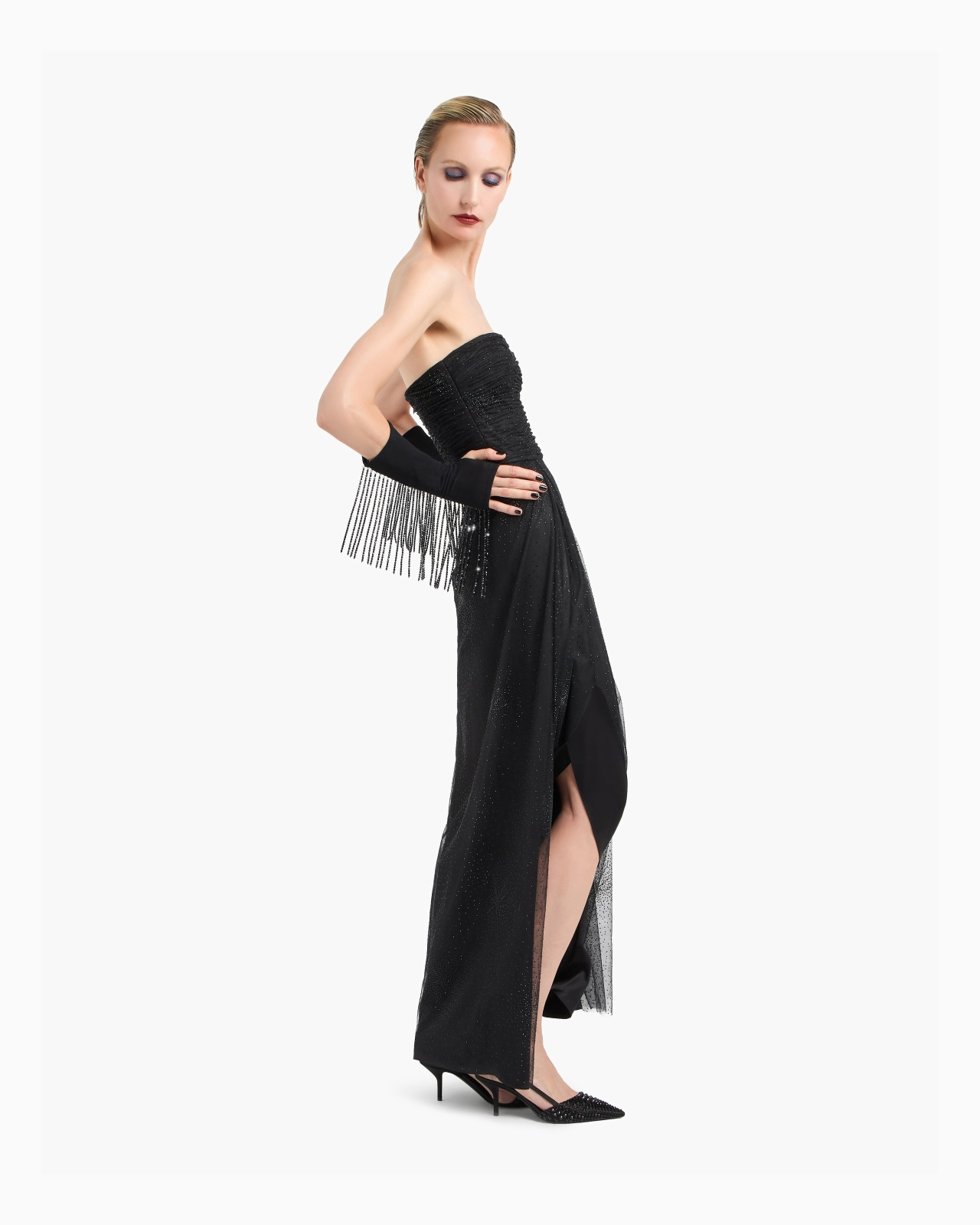 SILK BLEND LONG BUSTIER DRESS WITH RHINESTONE EMBROIDERY - 2