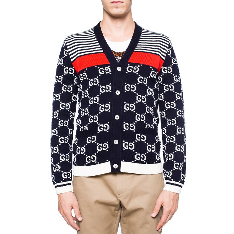 Gucci Classic Full Logo Stitching Wool Knitted Cardigan For Men Navy 523048-X9I07-4696 - 2