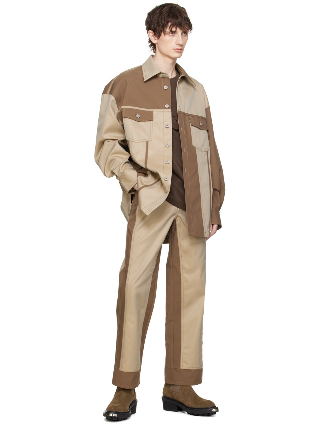 Brown & Beige Paneled Trousers - 4