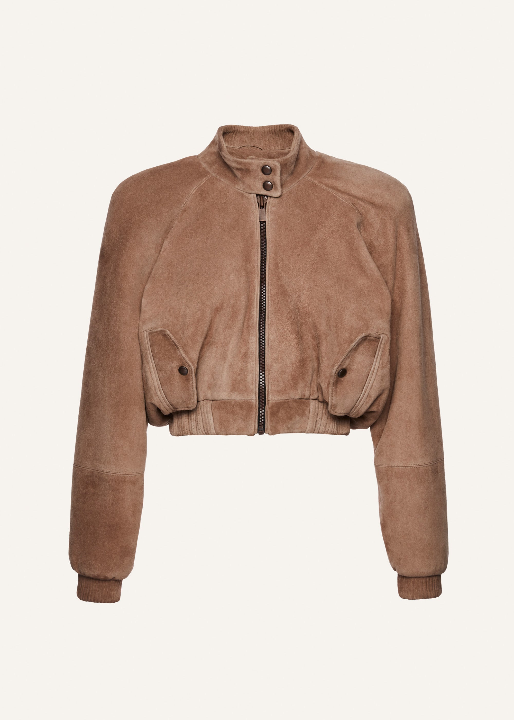 Cropped leather bomber jacket in beige suede - 1
