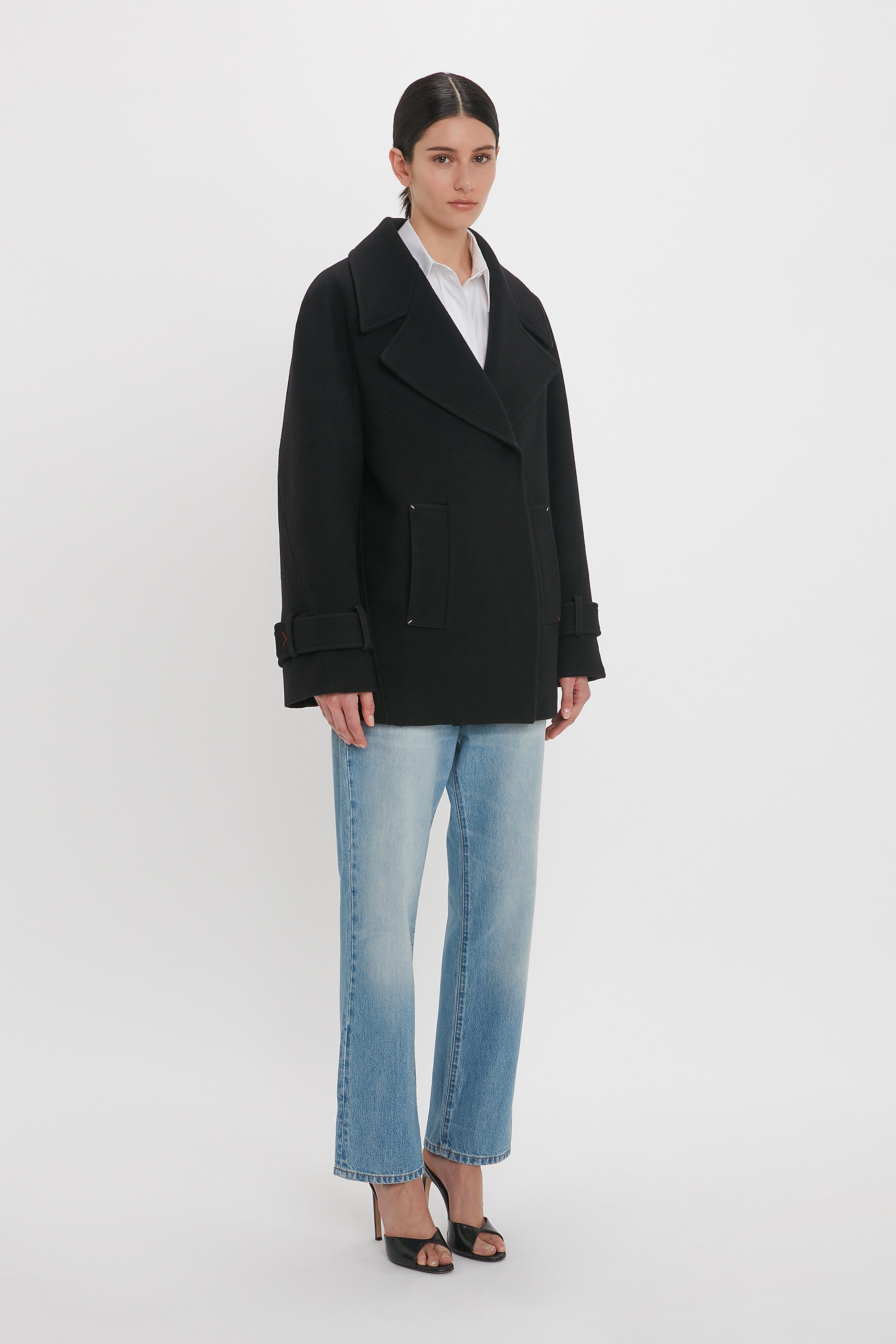 Oversized Pea Coat In Black - 3