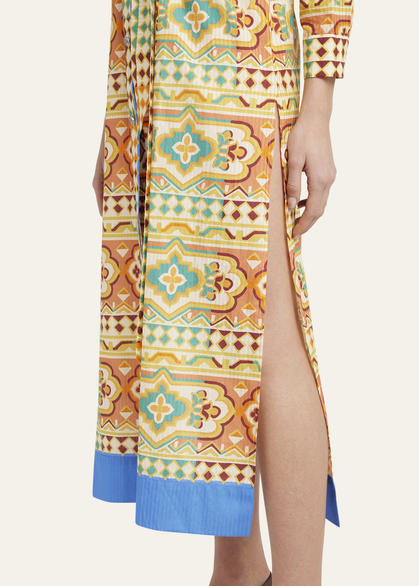Tile-Print Belted Long-Sleeve Midi Shirtdress - 5