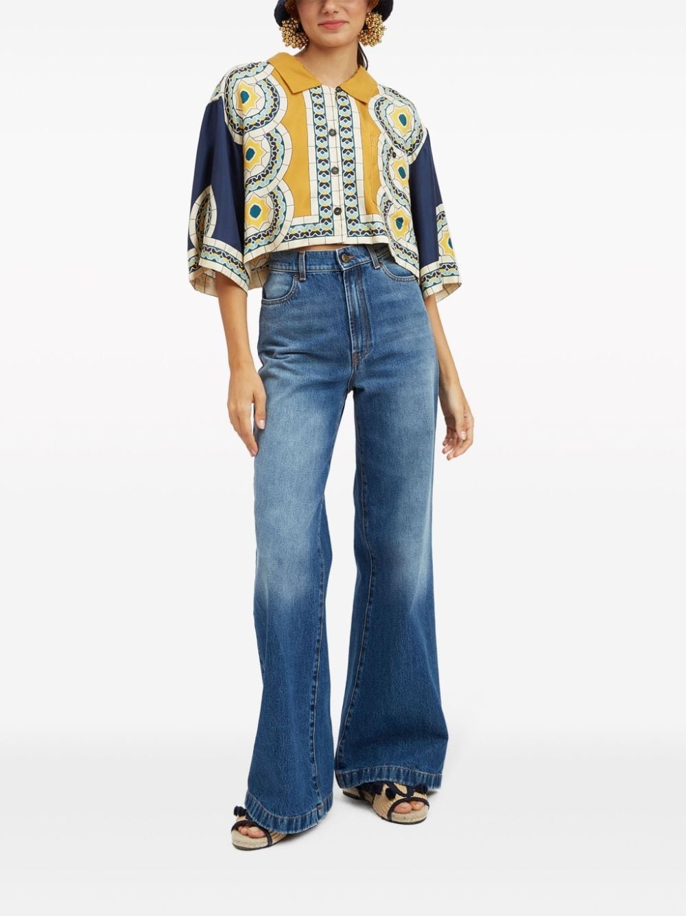 Mudejar-print silk crop shirt - 2