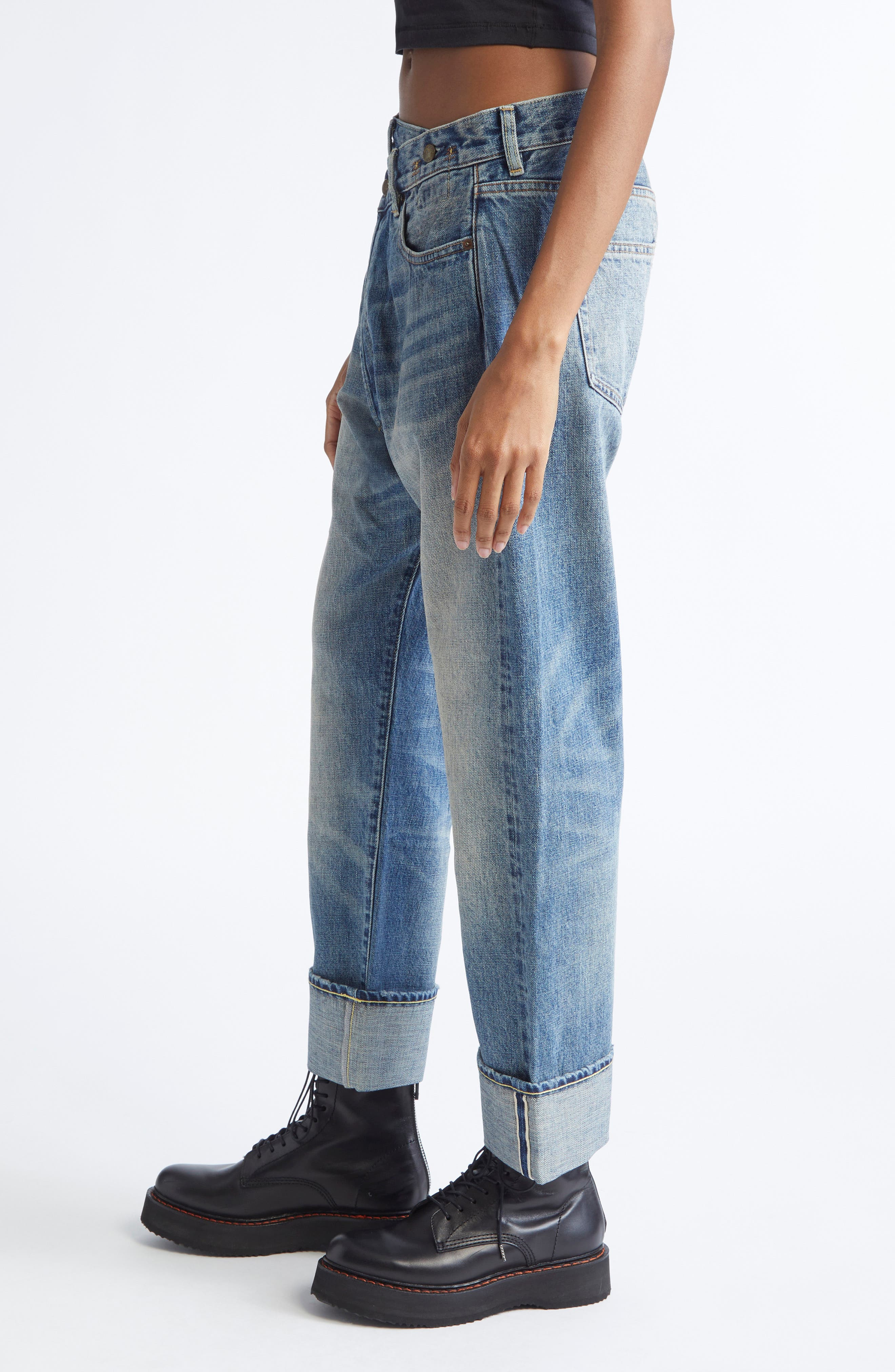 R13 Cuffed Crossover Straight Leg Jeans in Estin Selvedge Blue at Nordstrom - 3