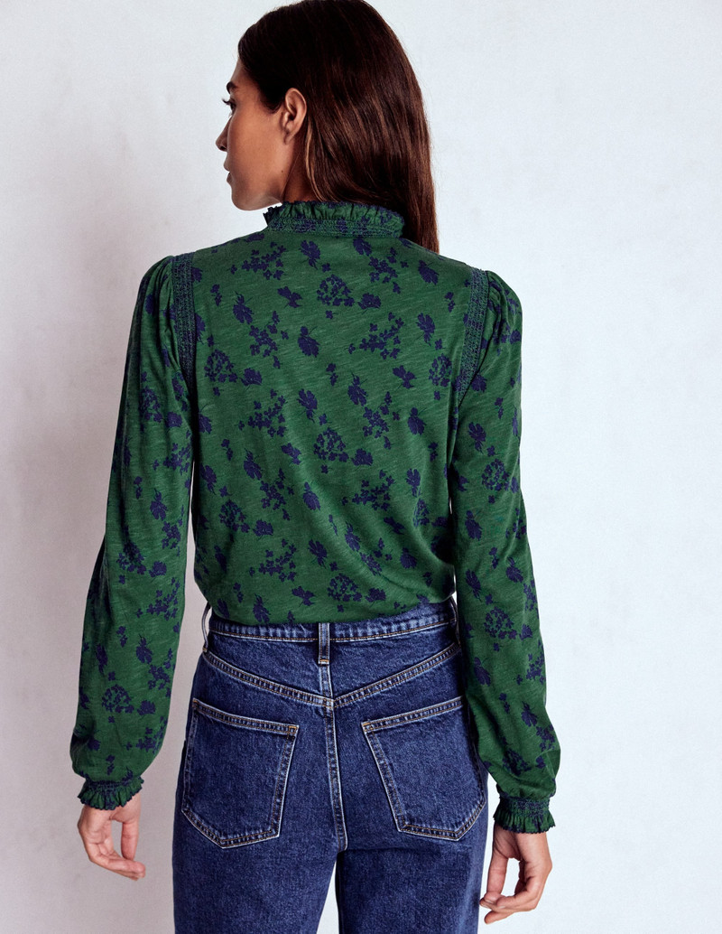 Tia Smocked Neck Jersey Top-Dark Green, Dainty Meadow 4
