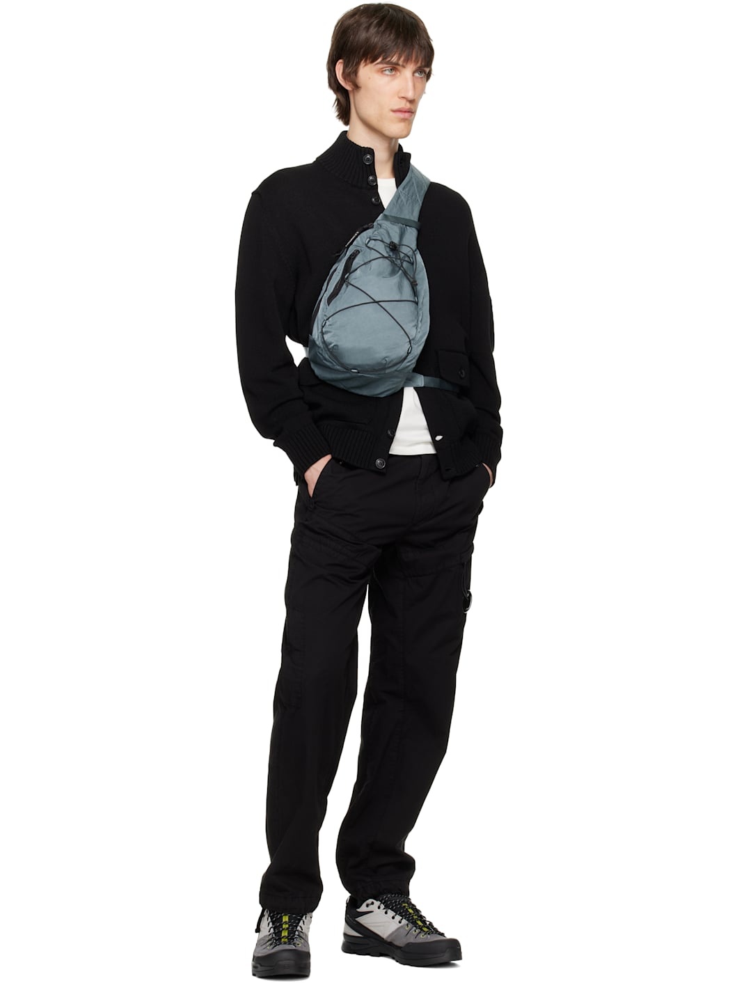 Black Cotton Gabardine Regular Cargo Pants - 5