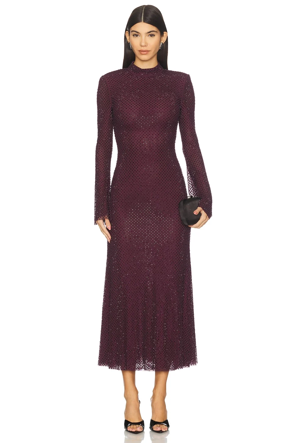 Burgundy Rhinestone Fishnet Midi Dress - 1