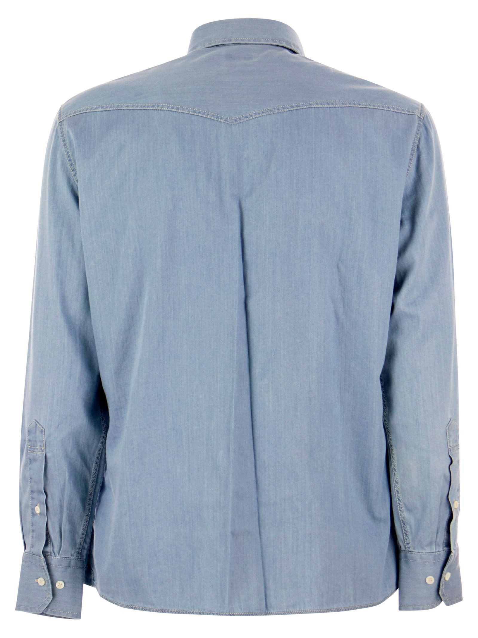 Brunello Cucinelli Men Lightweight Denim Leisure Fit Shirt With Press Studs, Epaulettes And Pockets - 2