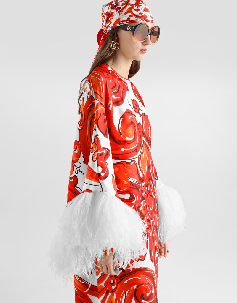 Majolica-print long kaftan dress with feather trim 4