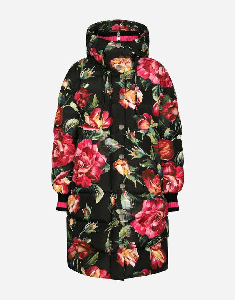 Long nylon down jacket with rose print 3