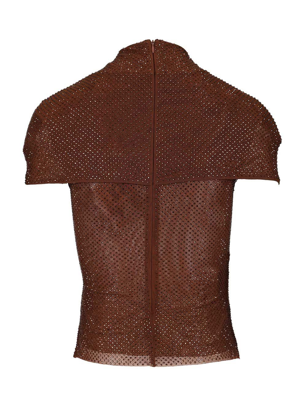Brown Rhinestone Mesh Cut Out Top Tops Brown - 2
