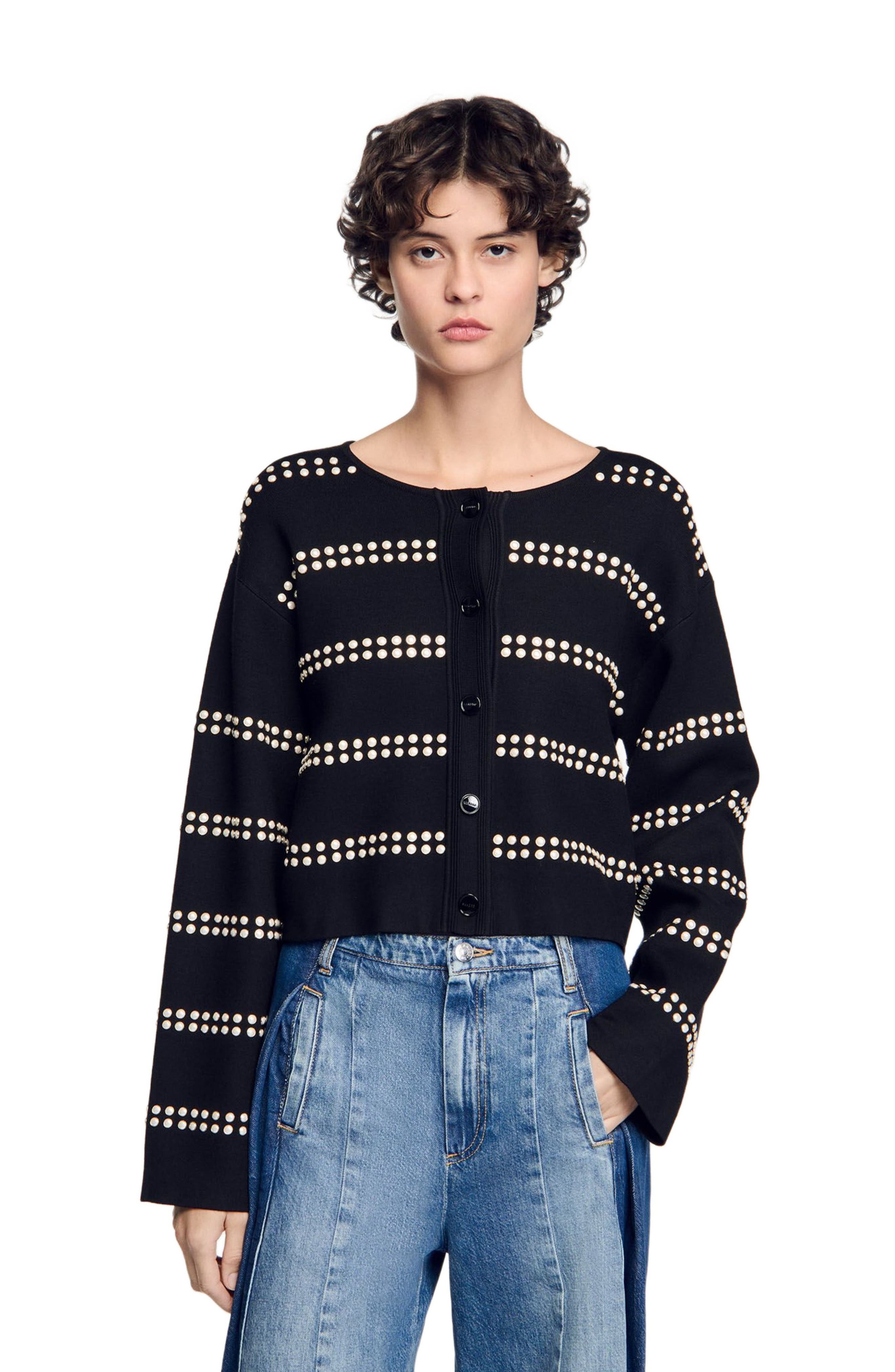 SANDRO Studded cardigan in Black at Nordstrom - 3