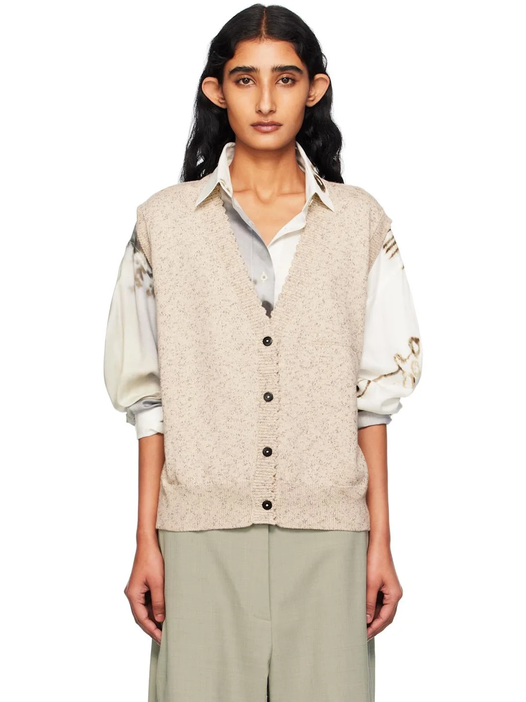 Beige Flecked Cotton Waistcoat Cardigan - 1