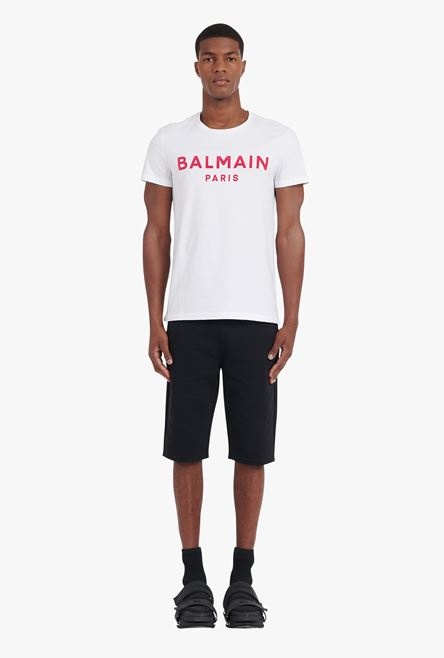 White cotton T-shirt with flocked fuchsia Balmain logo - 4