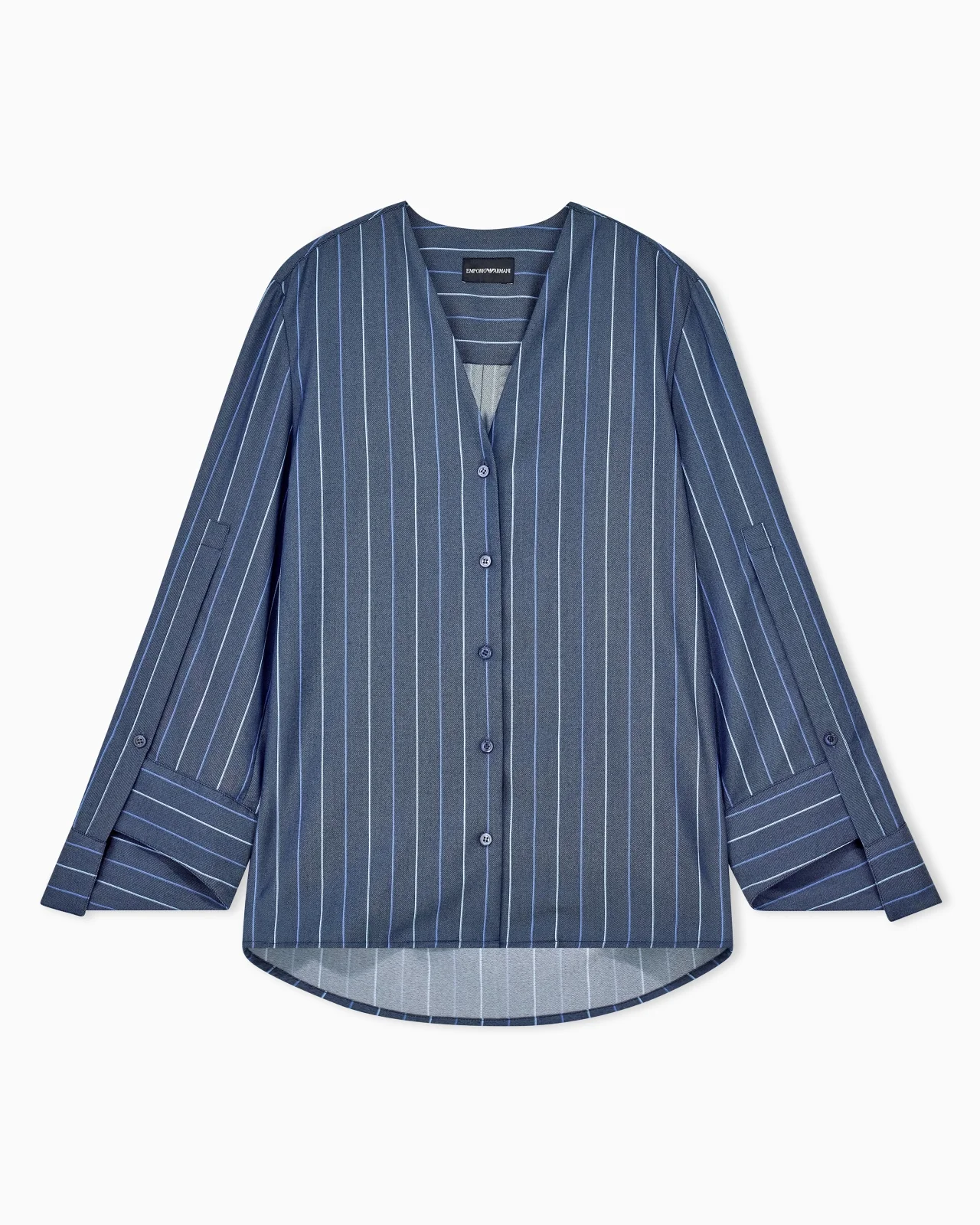 LONG-SLEEVED V-NECK SHIRT IN STRIPED JACQUARD DENIM - 1