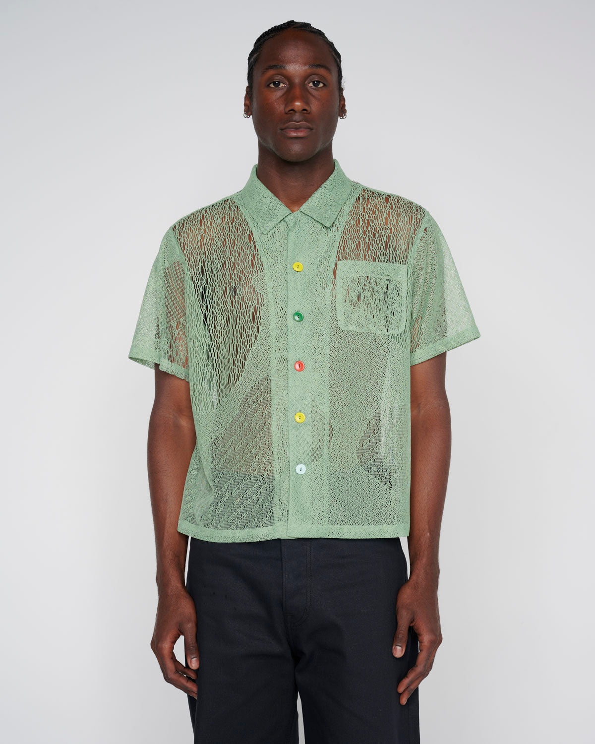 Engineered Mesh Short Sleeve Button Up - Green - 4