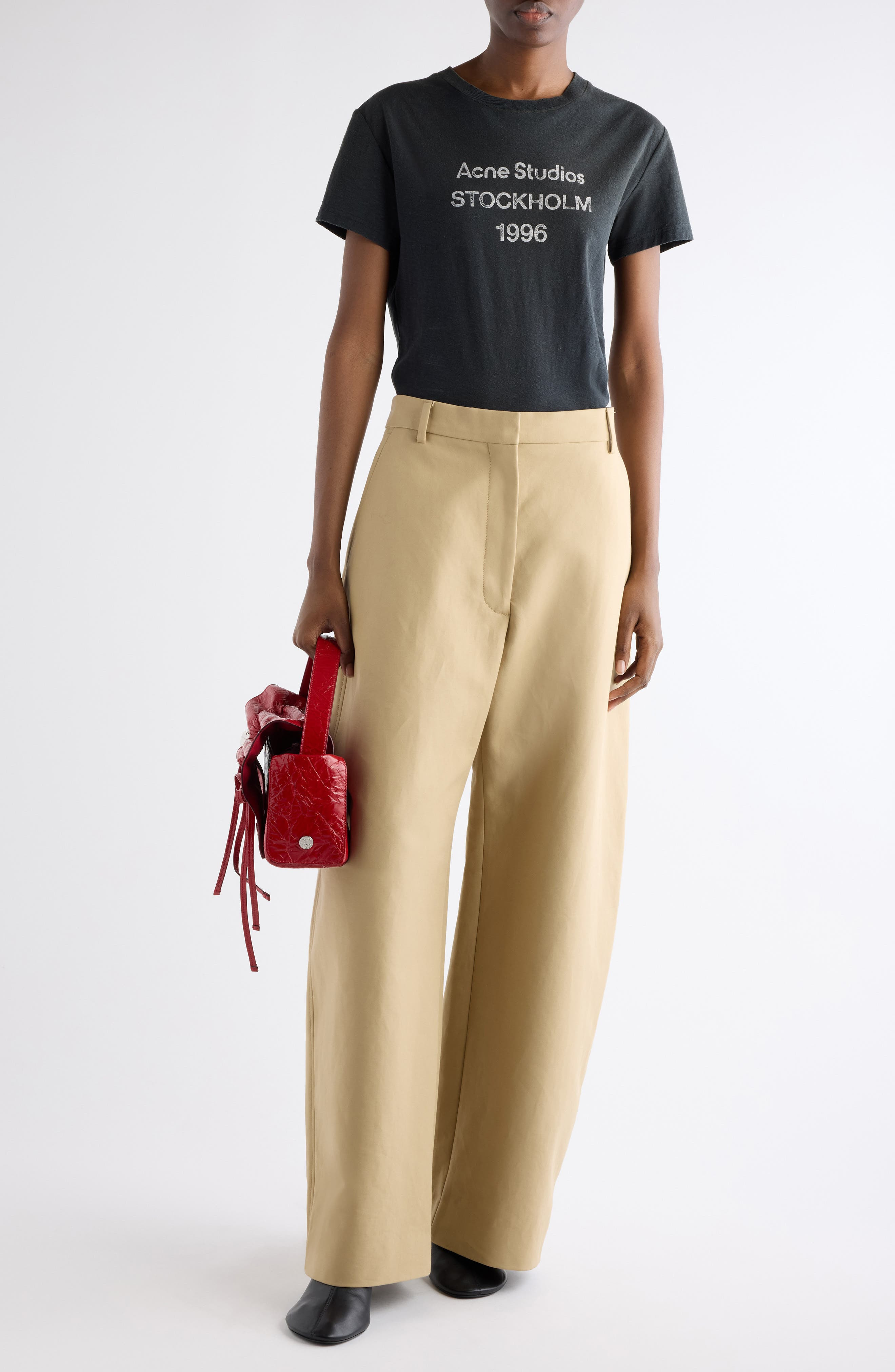 Acne Studios Pommy Tailored Organic Cotton Satin Wide Leg Trousers in Beige at Nordstrom - 2