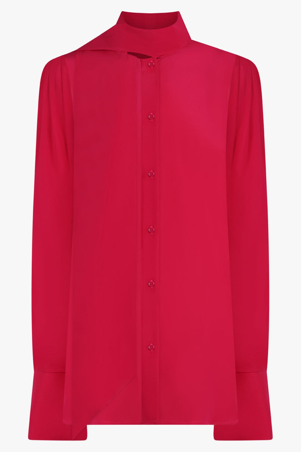 CREPE DE CHINE NECK-TIE PUFF SLEEVE SHIRT | FUSCHIA - 1