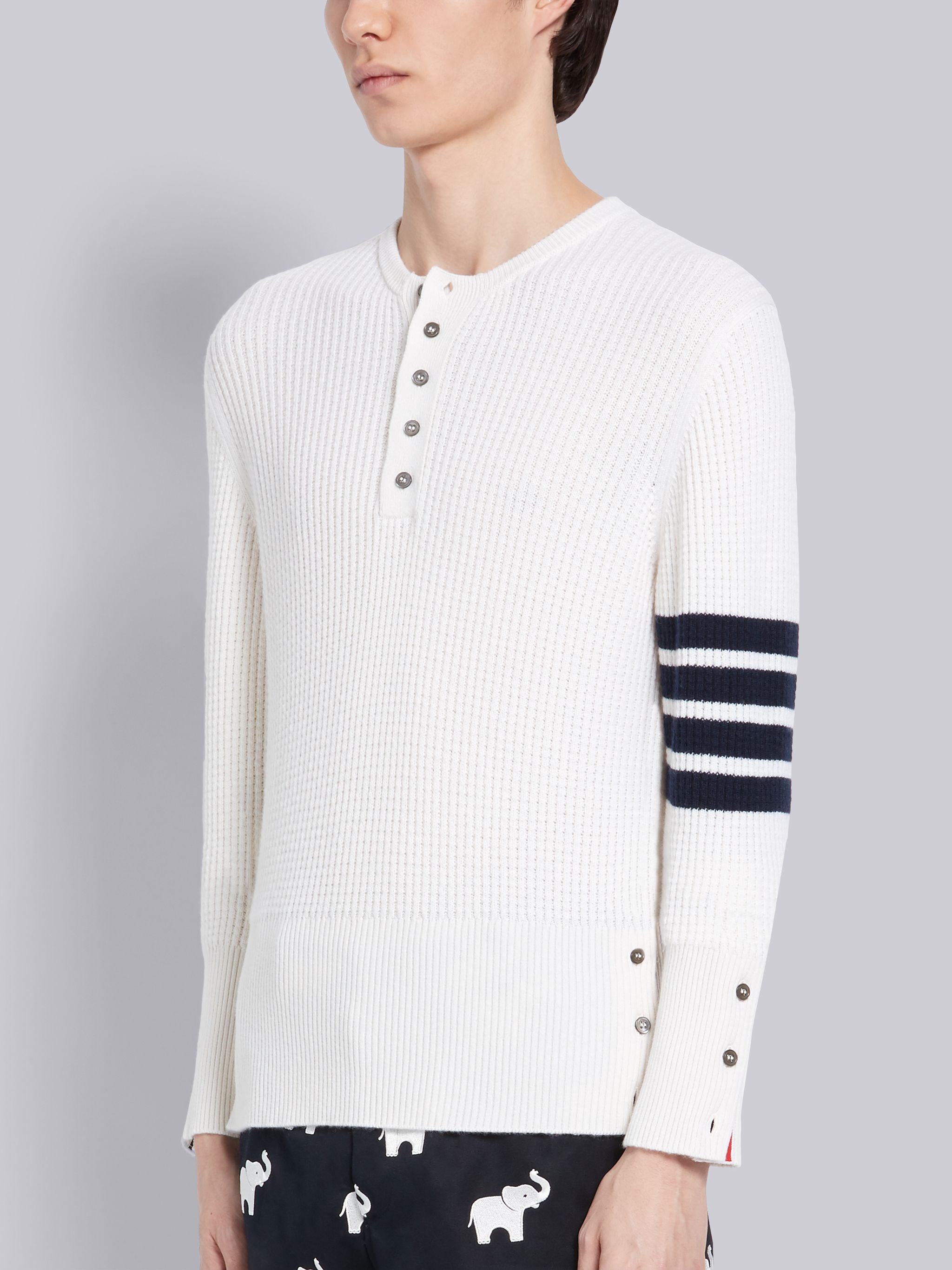 White Cashmere Waffle Stitch 4-Bar Stripe Henley - 2