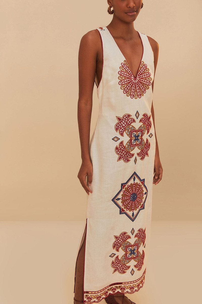 FARM RIO Off-White Marys Tiles Richelieu Euroflax™ Premium Linen Midi Dress outlook