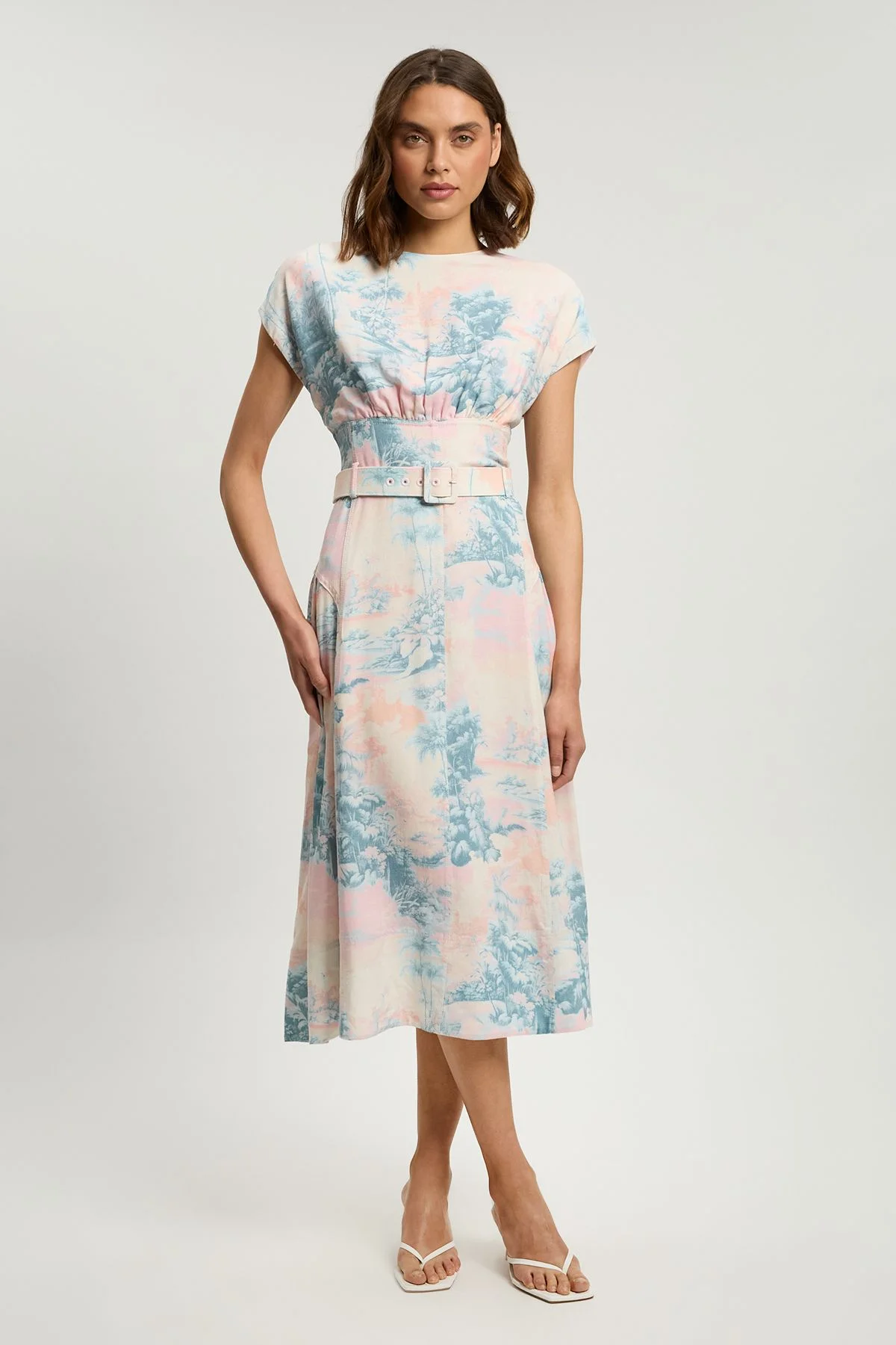Scenic Print Contrast Topstitch Belted Midi Dress - 1