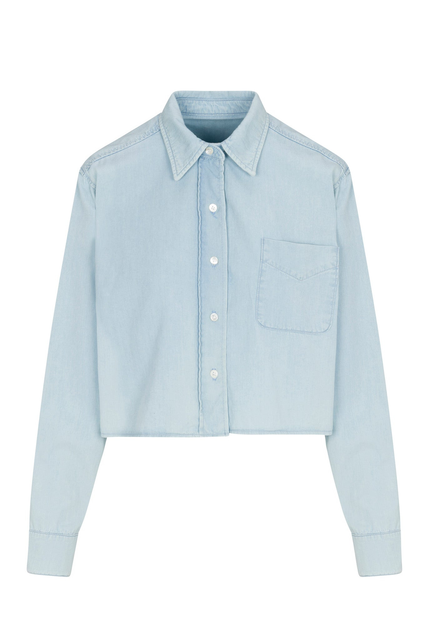 LIGHT BLUE CHAMBRAY CROPPED BUTTON DOWN - 5