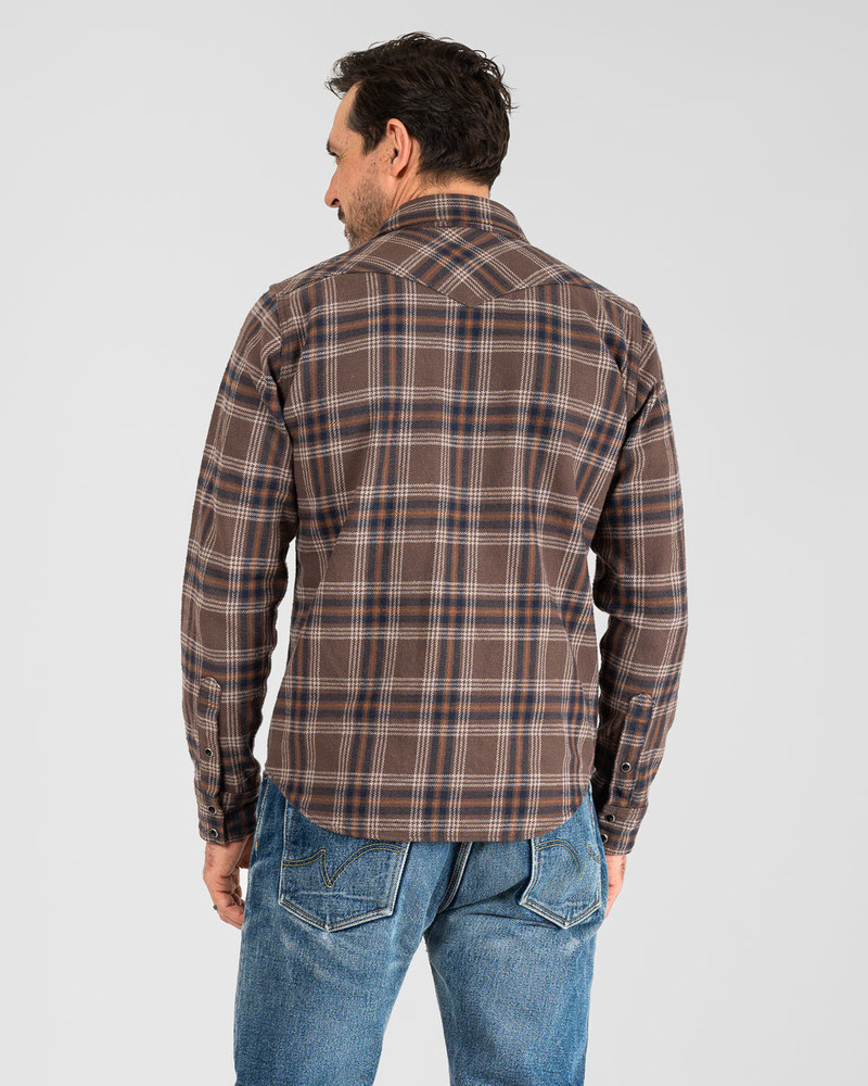 SLUBBY HEAVY FLANNEL CHECK WESTERN SHIRT - BROWN 3
