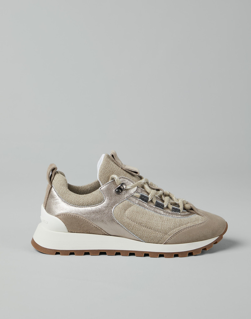 Suede and cotton and linen canvas runners with precious eyelets 5