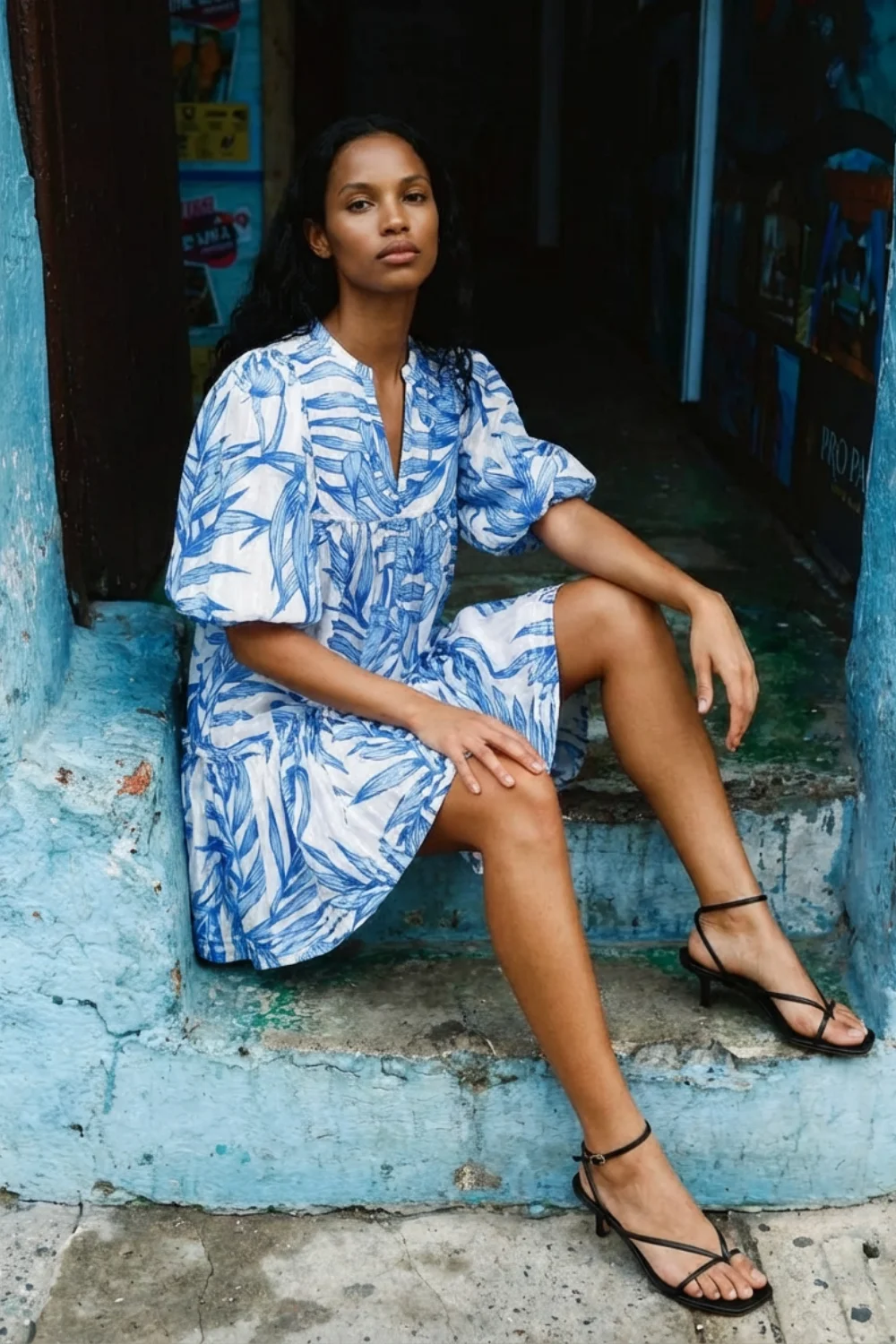 Mini Dress Cruz - Blue Palm Leaf - 1