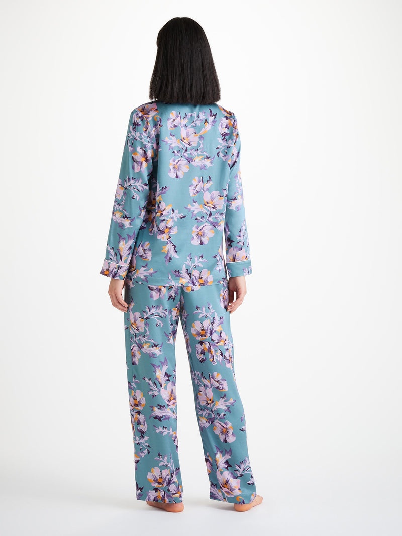 Women's Pajamas Silk Satin Blue Wildflower Pattern - 5