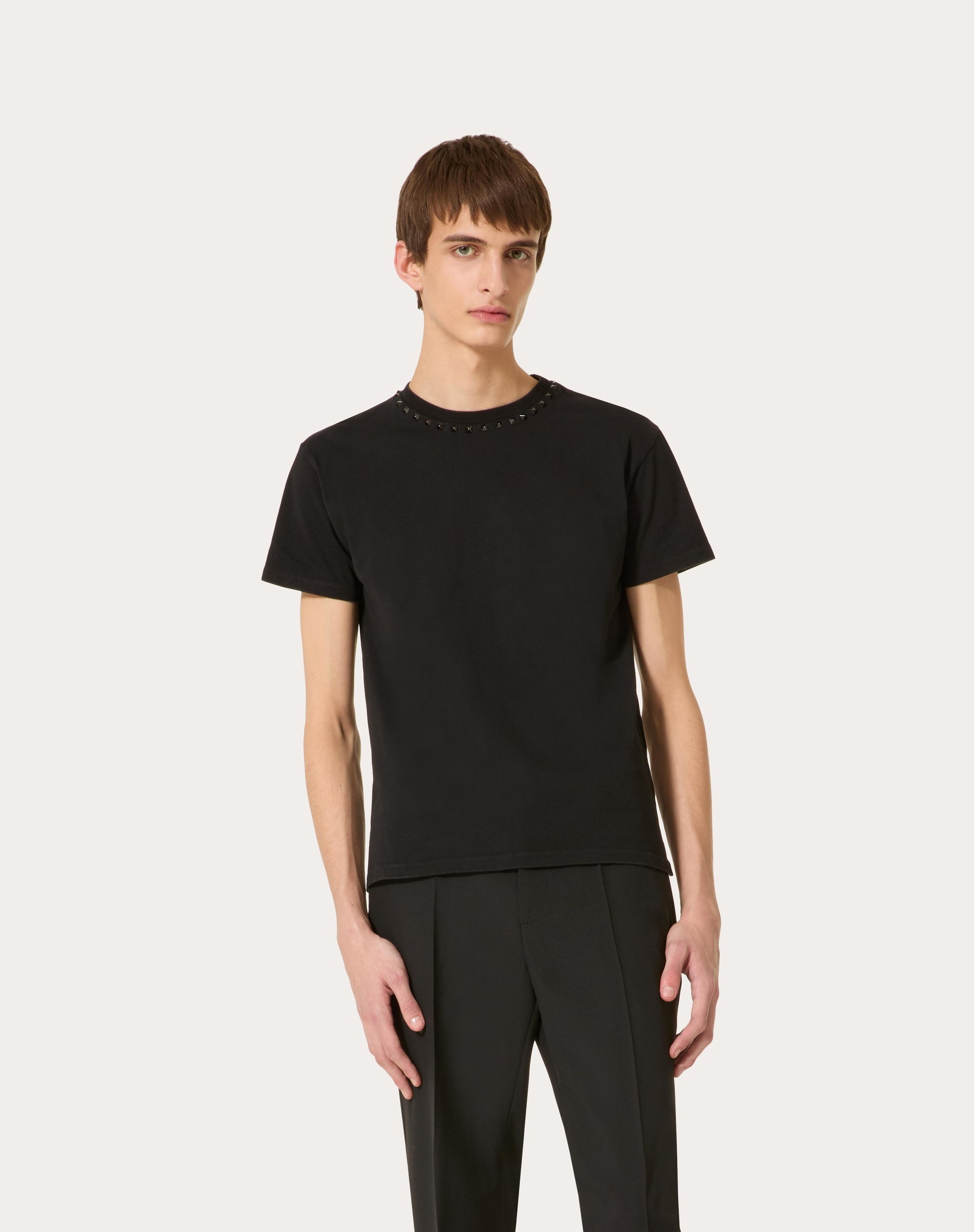 Valentino COTTON CREWNECK T-SHIRT WITH BLACK UNTITLED STUDS