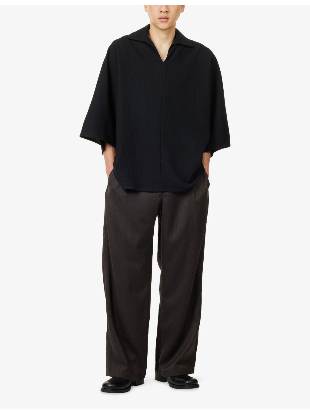 Spread-Collar Short-Sleeves Wool Polo Shirt - 2