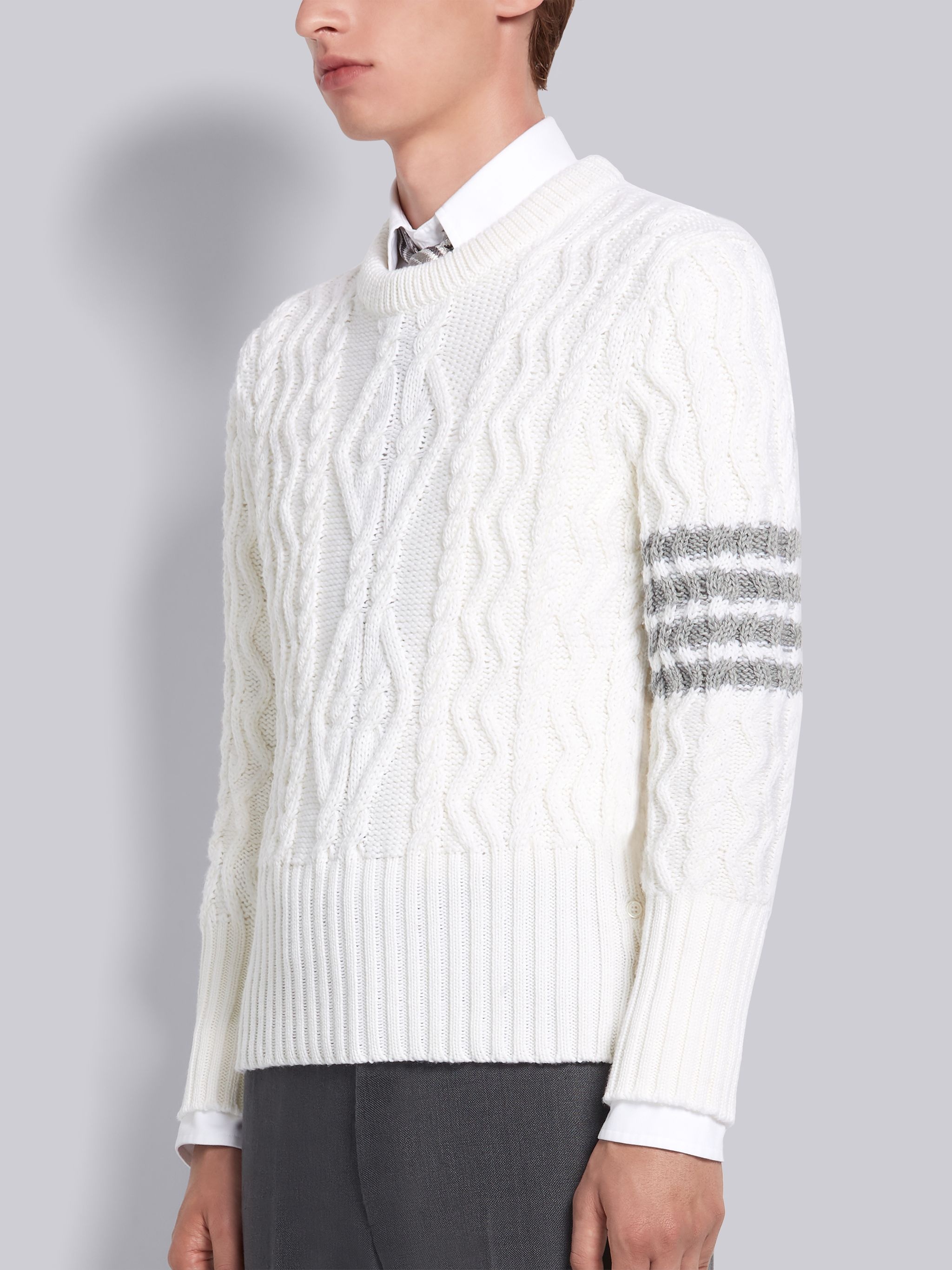 White Fine Merino Wool Aran Cable 4-Bar Classic Crewneck Pullover - 2