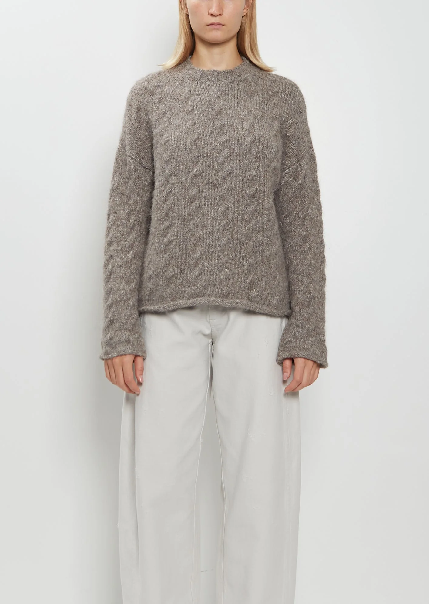 Alpaca Wool Cable Crewneck Sweater — Cinder - 1