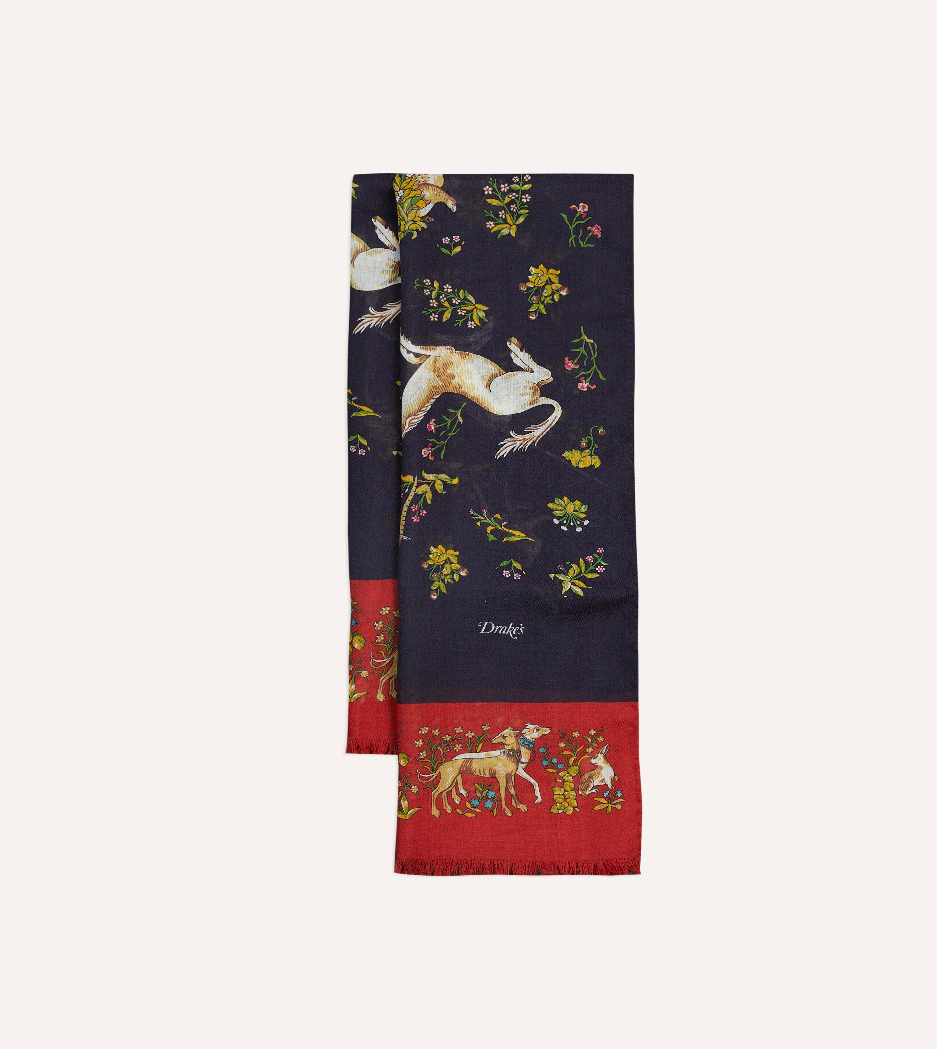 Navy and Red Unicorn Print Tubular Wool Silk Scarf - 1
