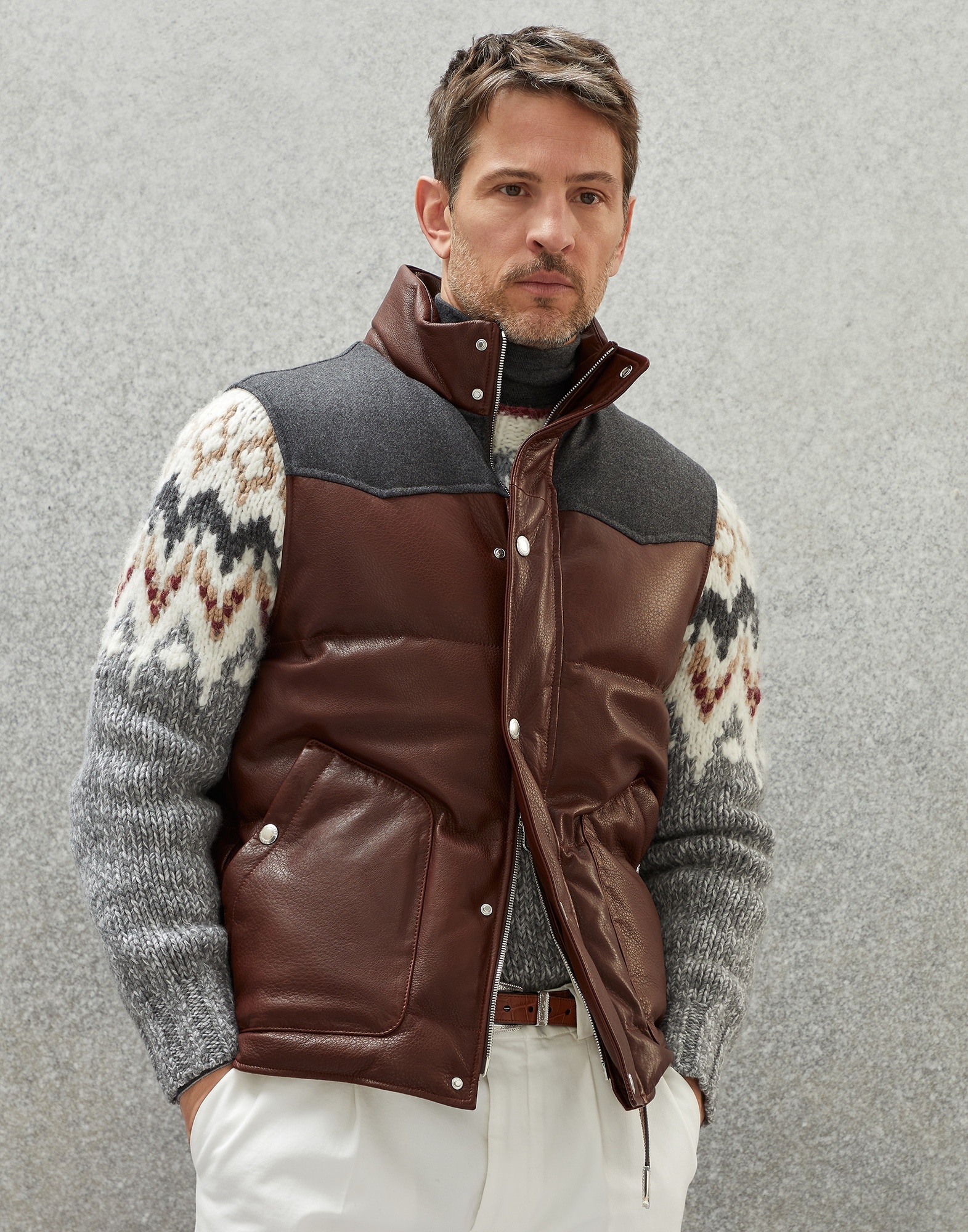 Paneled down vest in grained leather - 1