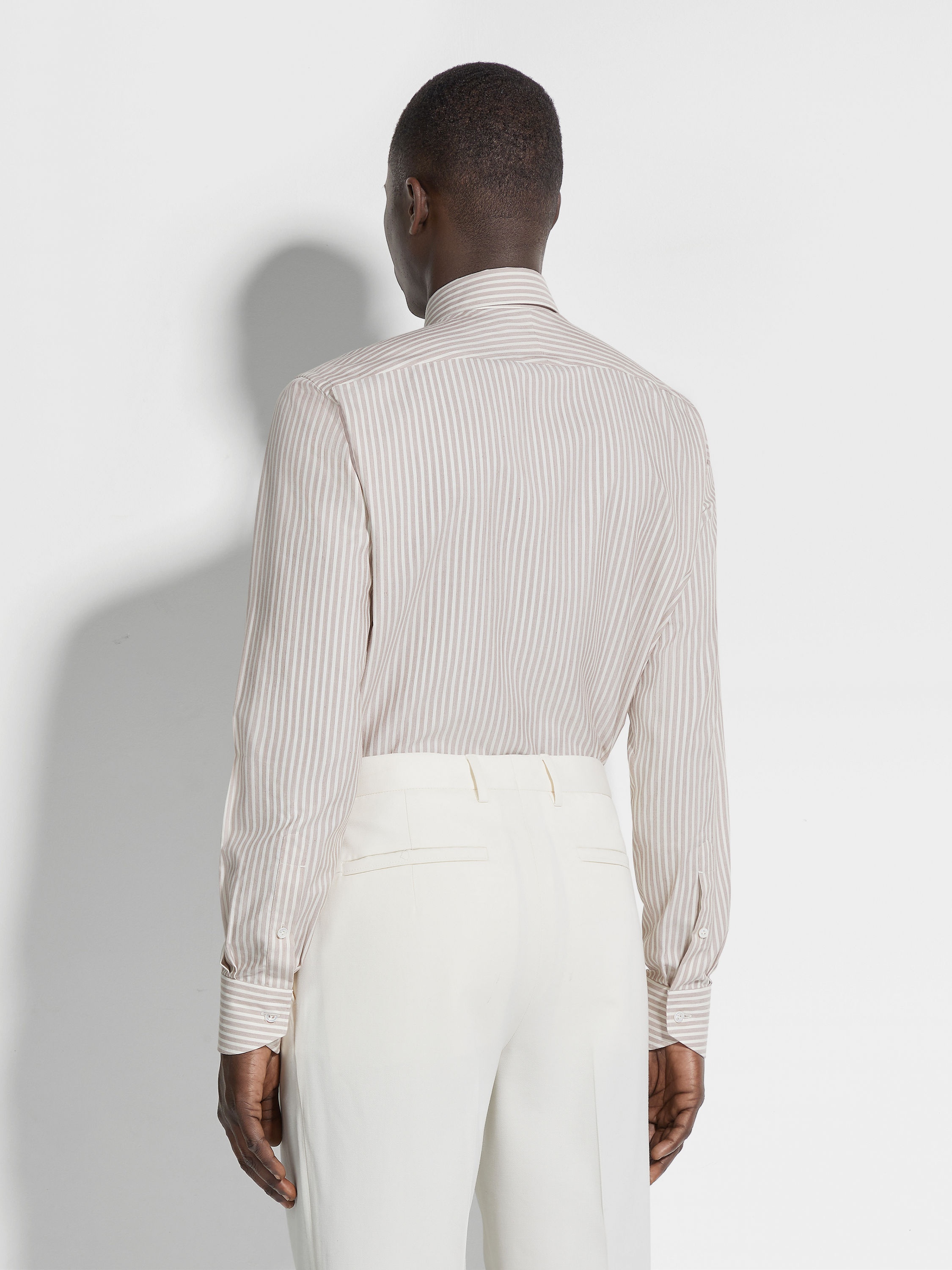 WHITE AND DARK PURPLE MACRO-STRIPED SILK COTTON AND CASHMERE SHIRT - 4
