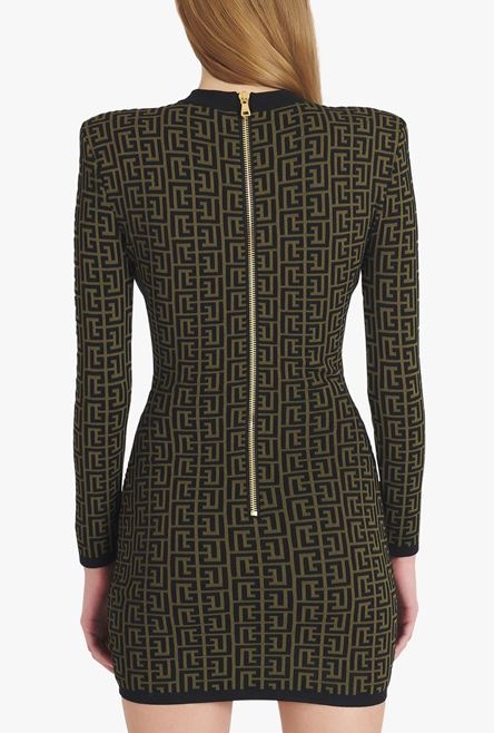 Short khaki and black wool dress with monogram print - 9