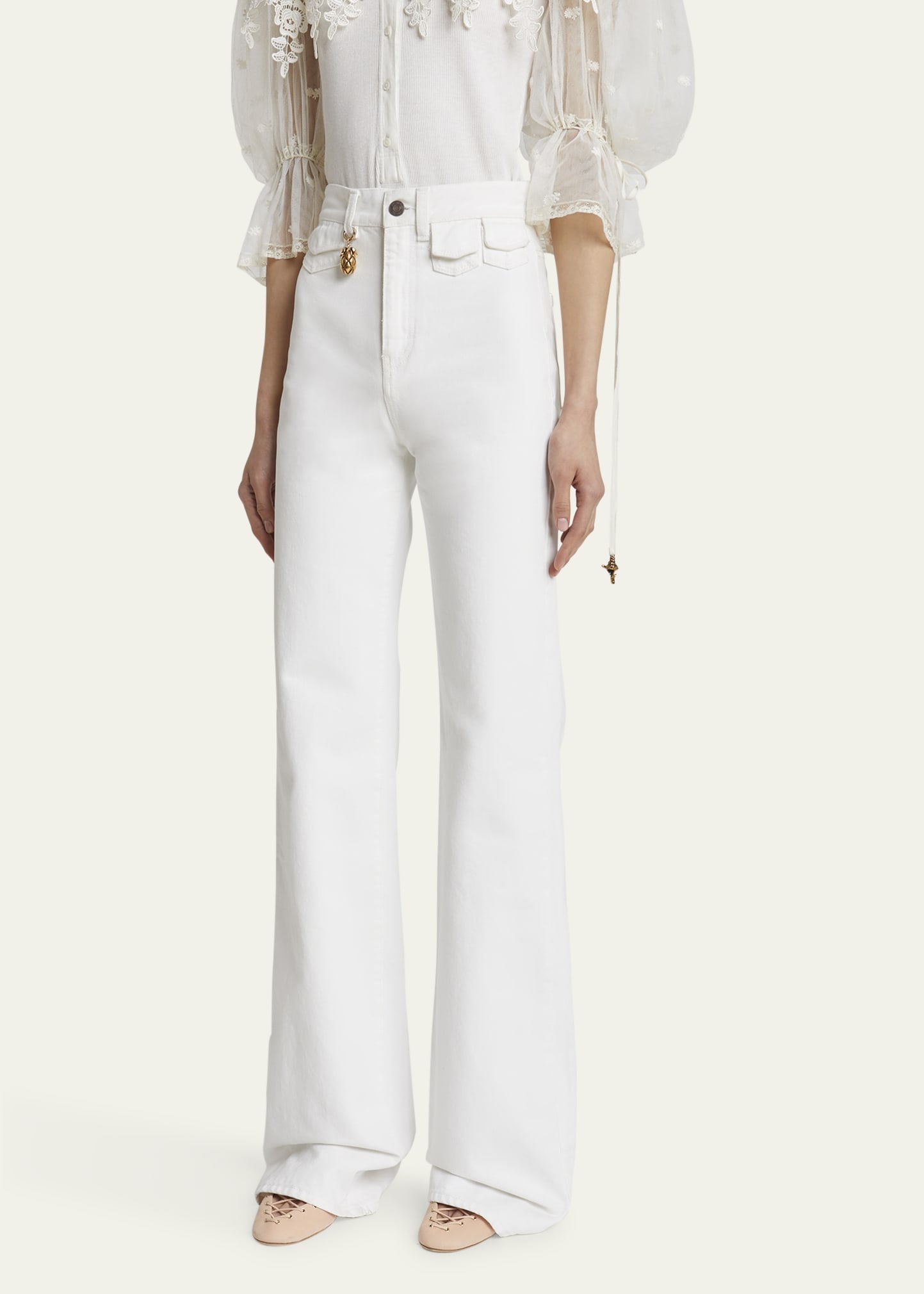 High Rise Flared Jeans, White - 4