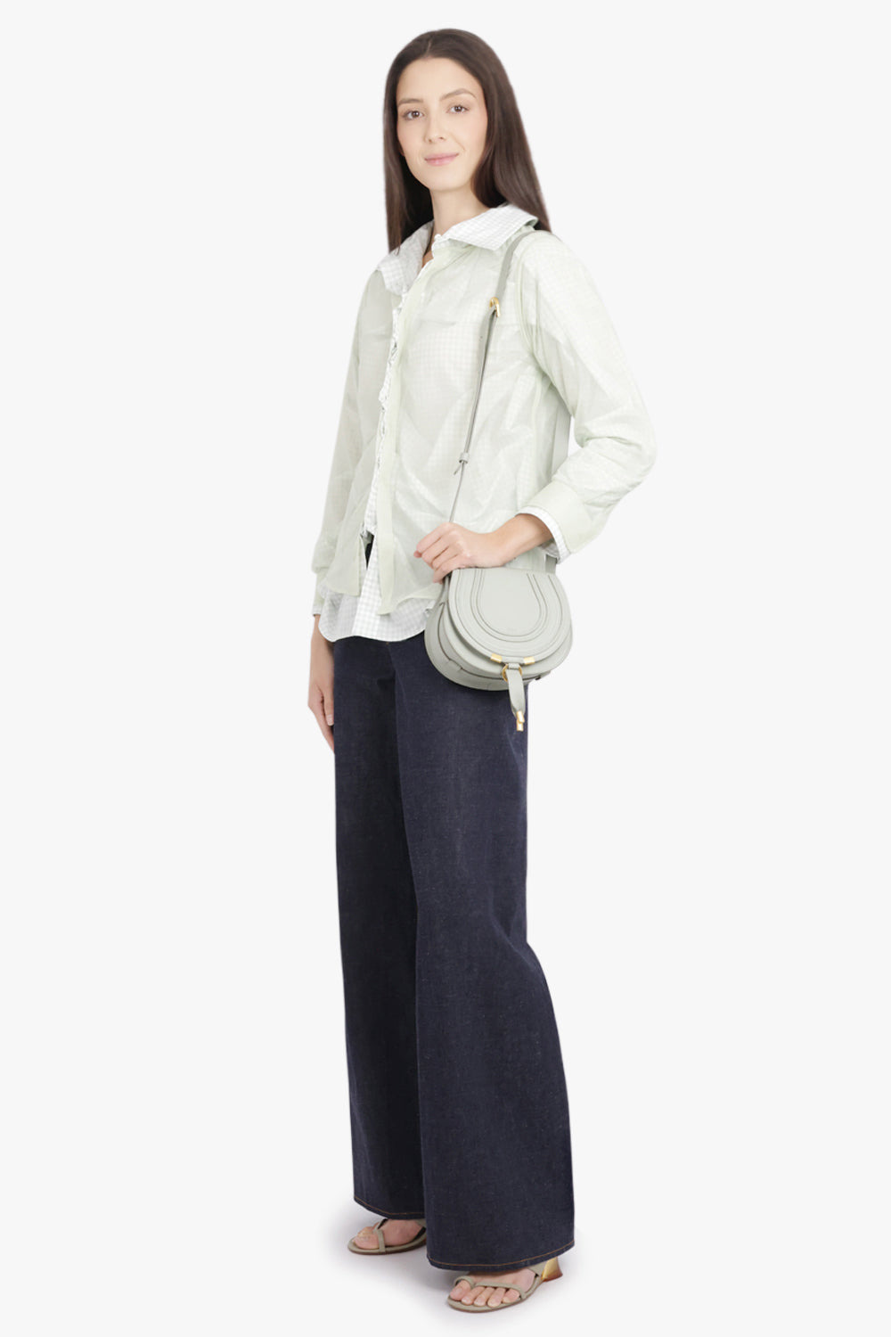 LAYERED L/S SHIRT WITH CHECK RUCHING DETAIL | GREEN/WHITE - 2